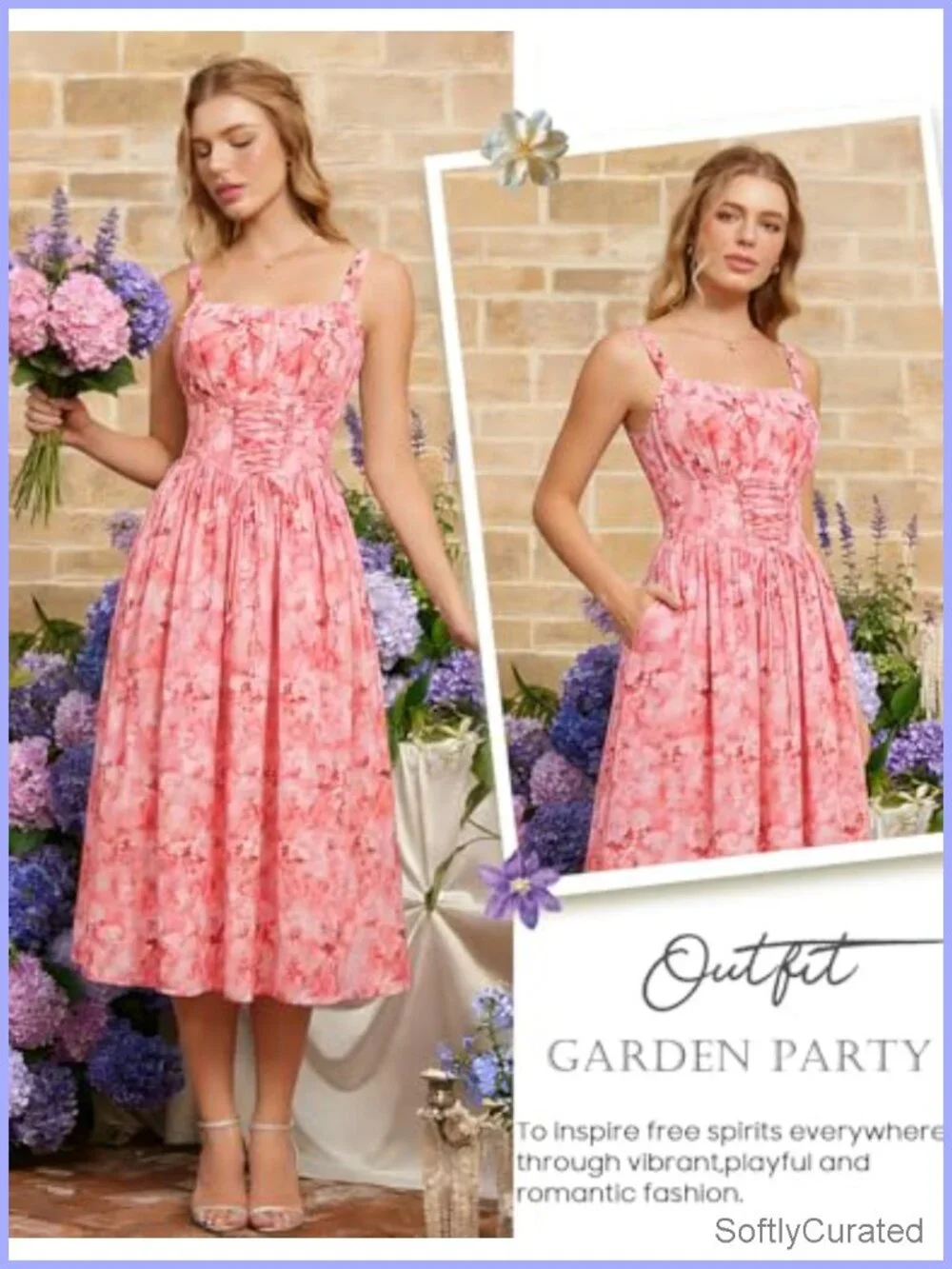Sleeveless Lace Up Corset Waist Floral Maxi Dress with Pockets